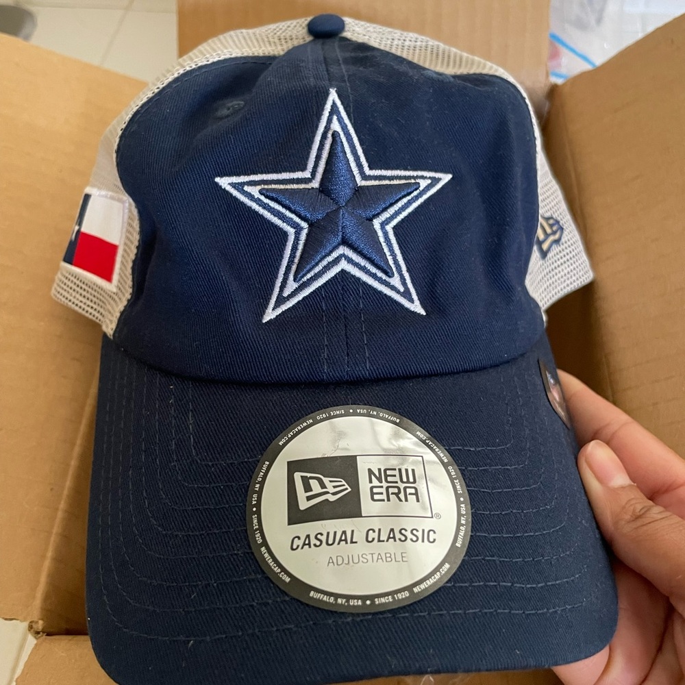 Dallas Cowboys New Era Flag Trucker 9TWENTY Snapback Hat - Navy/Natural